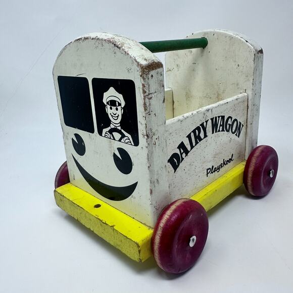 VINTAGE PLAYSKOOL DAIRY WOOD MILK WAGON PULL TOY - Picture 3 of 9